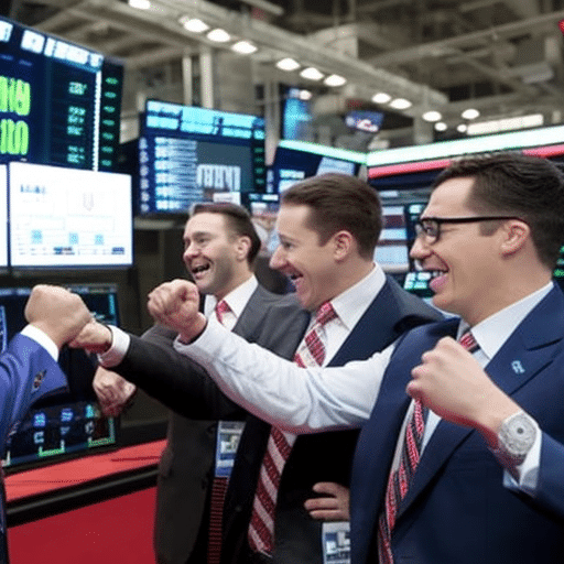An image showcasing a bustling stock exchange floor, with traders wearing Meme Kombat-themed attire, eagerly gesturing and exchanging fist bumps, as digital screens display skyrocketing stock prices and the company's logo dominates the backdrop