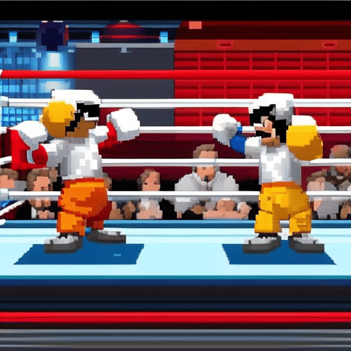 An image showcasing two pixelated figures, one representing a popular meme and the other a dollar sign, standing on opposite sides of a boxing ring