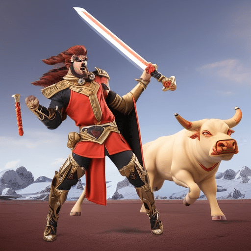 An image showcasing two internet icons, a meme character wielding a crypto sword against a bearish bull, symbolizing Meme Kombat's influence on crypto trends