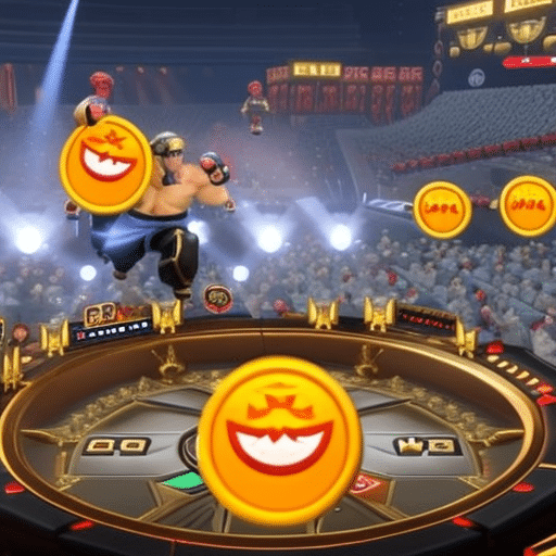 An image showcasing a virtual arena with two fierce meme characters engaging in a heated battle, surrounded by a crowd of animated emojis and memes, representing Meme Kombat's influential role in meme coin trends