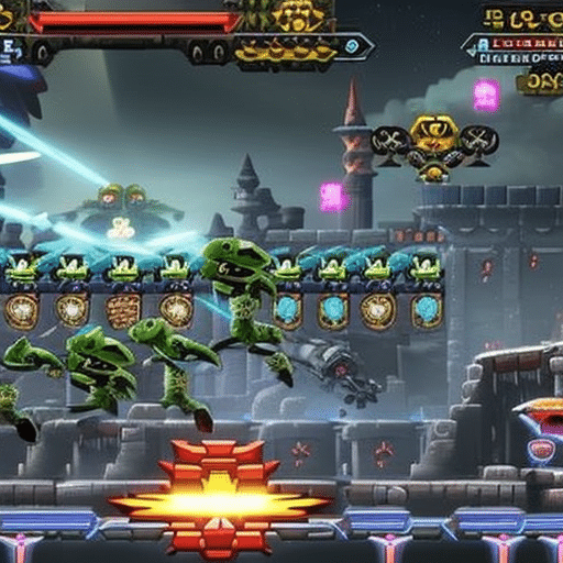 An image showcasing the intense battle between Meme Kombat's impenetrable fortress, guarded by laser-wielding security drones, and Pepe Coin's army of hacker frogs, armed with keyboards and binary code, in an epic clash of cyber forces
