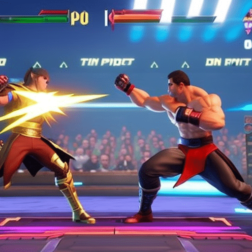 An image showcasing a vibrant digital arena with two animated crypto-themed fighters engaging in a fierce battle