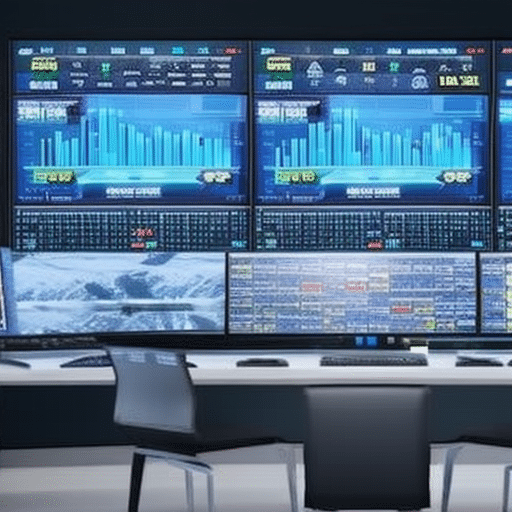 An image that showcases a futuristic trading desk with multiple high-resolution screens displaying real-time charts, graphs, and statistical data of various memecoins, surrounded by advanced analysis tools and indicators