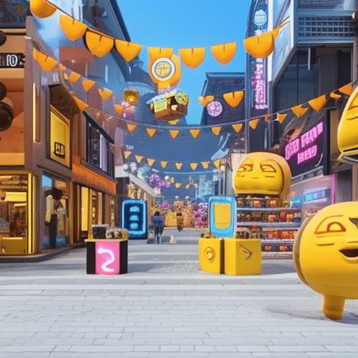 An image showcasing a bustling virtual marketplace bustling with vibrant cartoon-like characters representing diverse Memecoin enthusiasts in 2023