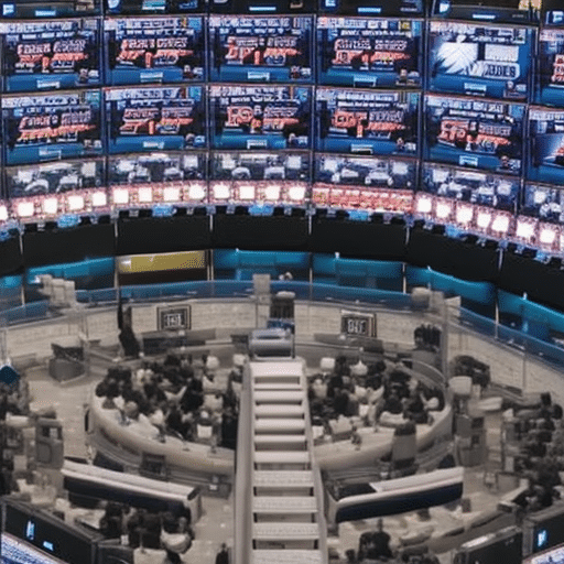 An image showcasing a crowded trading floor with screens displaying trending memecoins, as influential figures gesture and discuss animatedly, surrounded by dollar signs and rocket emojis