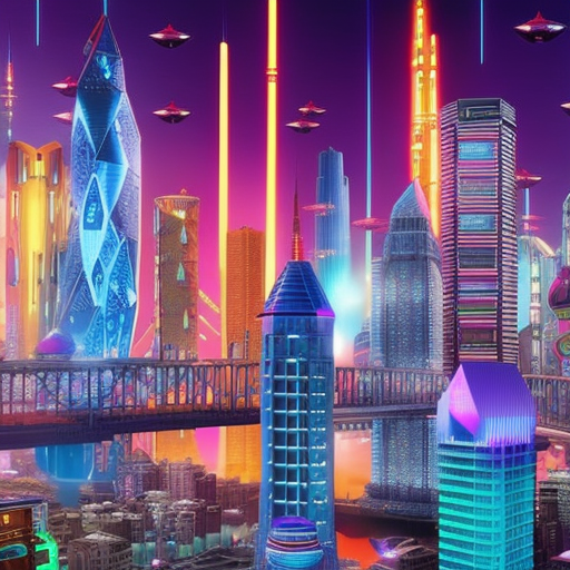 An image featuring a colorful, futuristic cityscape with towering buildings adorned with giant holographic memes