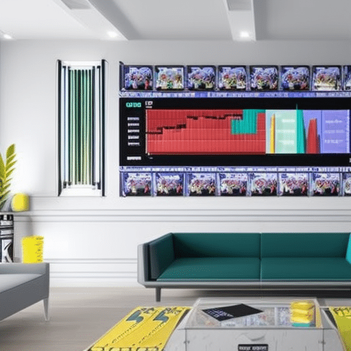 An image featuring a modern living room with a large flat-screen TV displaying a colorful graph charting the rise and fall of memecoin prices