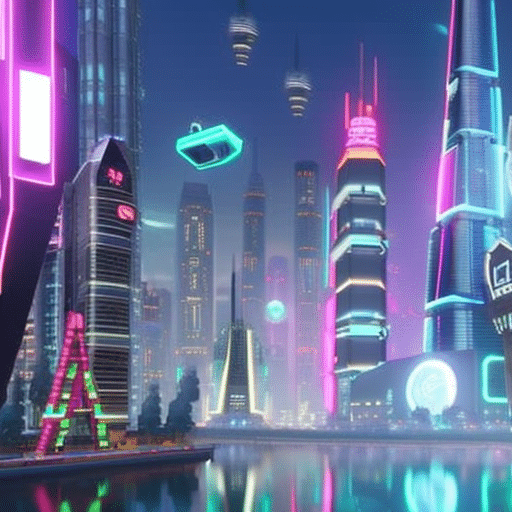 An image depicting a futuristic cityscape with towering skyscrapers adorned with neon signs promoting popular memecoins