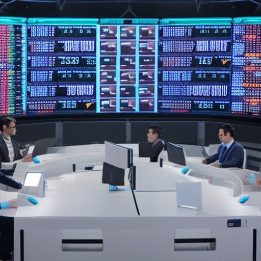 An image depicting a bustling trading floor with diverse memecoin experts engaged in intense discussions, analyzing charts, and gesturing passionately, showcasing their contrasting opinions on the volatile 2023 market