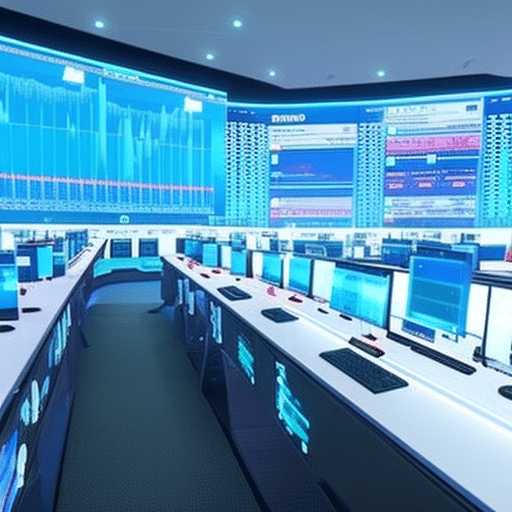 An image showcasing a futuristic trading floor bustling with Memecoin Market Experts in 2023, featuring holographic charts, AI-assisted analysis, and traders wearing virtual reality headsets, immersed in a vibrant digital landscape