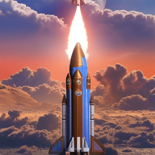 An image showcasing a vibrant digital landscape, with a rocket ship blasting off amidst a sea of diverse, colorful memecoins
