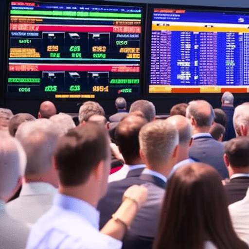 An image capturing a bustling stock exchange-like atmosphere, with a diverse crowd of investors eagerly monitoring large digital screens displaying live charts of various memecoins