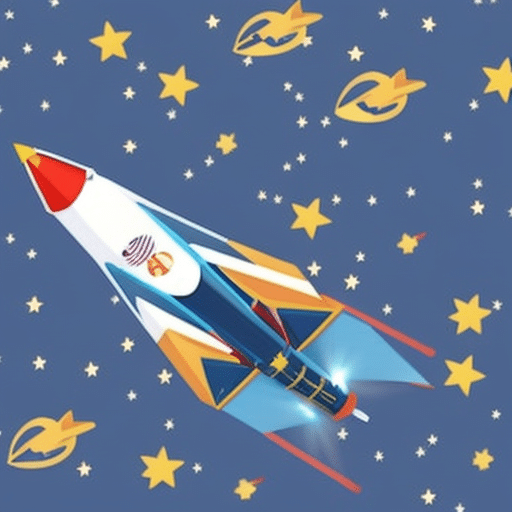 An image featuring a vibrant, animated graphic of a rocket ship blasting off into the sky, surrounded by a chaotic swarm of dog and cat memes, symbolizing the explosive growth and unpredictability of the memecoin market in 2023