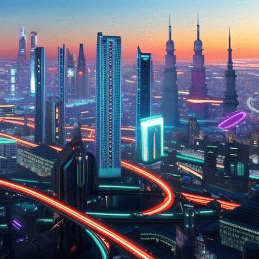 An image showcasing a vibrant, futuristic cityscape with towering skyscrapers, illuminated by neon lights and adorned with holographic billboards displaying various memecoins