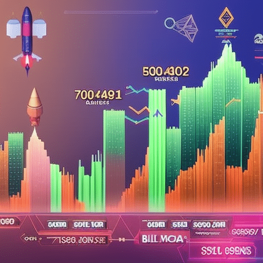 An image depicting a colorful graph, with ascending and descending lines representing the volatility of memecoins