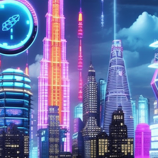 An image showcasing a futuristic cityscape with towering skyscrapers adorned with neon signs displaying various memecoin symbols