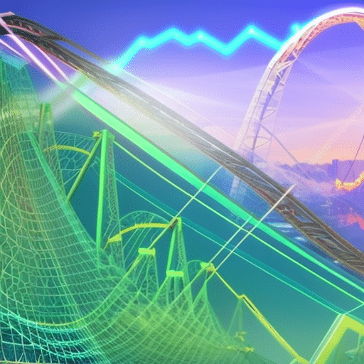 An image that showcases a roller coaster on a colorful background, with a graph superimposed, depicting the volatile journey of memecoin market trends