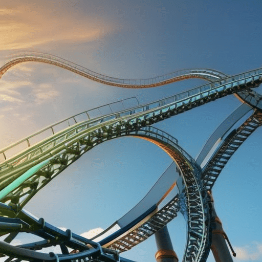 An image showcasing a rollercoaster ride, with a tangled track spiraling upwards, symbolizing the volatile and unpredictable nature of the Memecoin market in 2023
