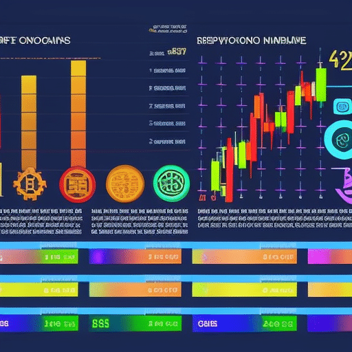 An image featuring a vibrant cryptocurrency chart, with various "memecoins" represented by colorful icons, depicting their fluctuating values and market trends in 2023
