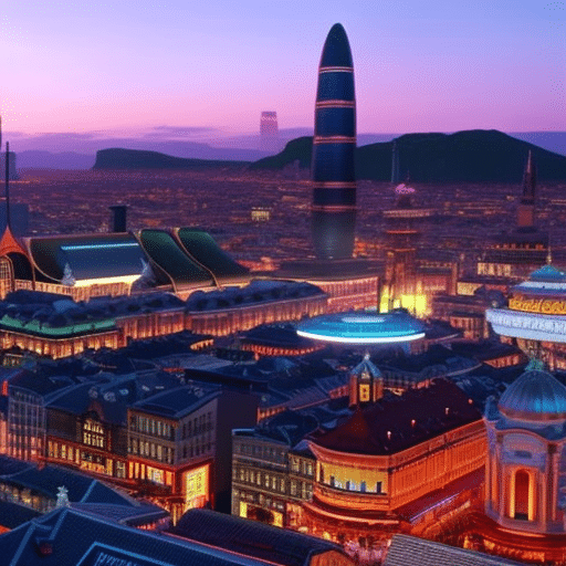 An image showcasing a futuristic cityscape at dusk, with a bustling market square filled with animated holographic billboards promoting various memecoins