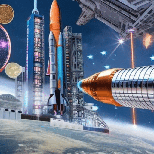 An image showcasing the future of Memecoin News in 2023: vibrant digital graphics illustrate a rocketship soaring through a cryptocurrency-filled galaxy, while a diverse group of people joyfully observe from a futuristic cityscape below