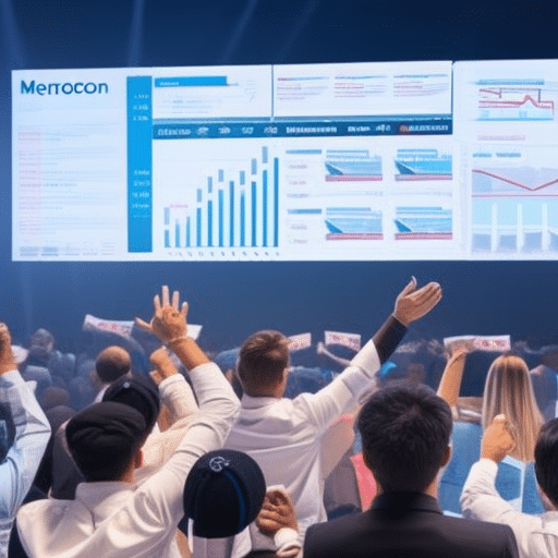An image of a diverse group of people ecstatically celebrating as they watch a large digital screen displaying graphs and charts of skyrocketing memecoin values, symbolizing the booming success of Memecoin News in 2023