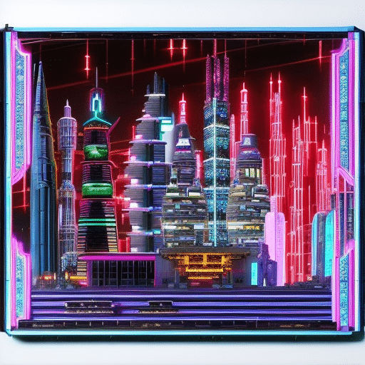An image showcasing a futuristic cityscape with towering skyscrapers adorned with neon-lit signs of popular memes from 2023