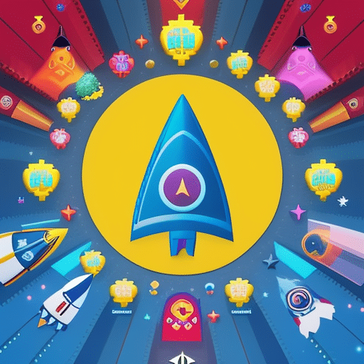 An image showcasing a vibrant digital landscape with a rocket-shaped cryptocurrency logo soaring high above, surrounded by a flurry of laughing emojis, rainbow-colored moon symbols, and a sea of internet memes floating in the background