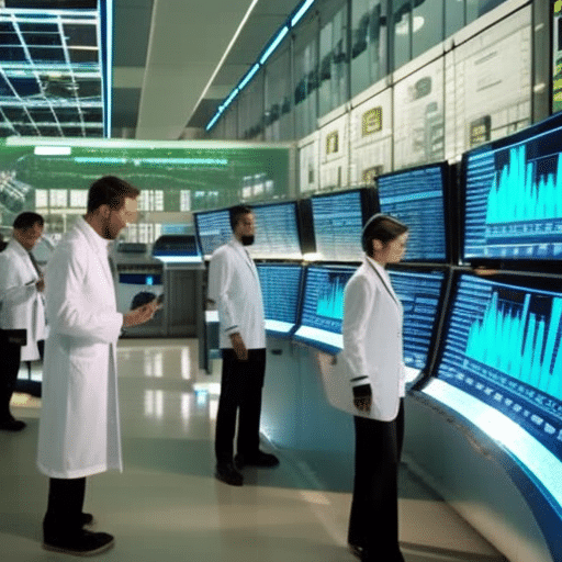An image showcasing a futuristic laboratory with scientists in white lab coats analyzing charts and graphs, surrounded by screens displaying memes from various memecoins