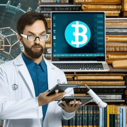 An image showcasing a magnifying glass hovering over a computer screen displaying complex cryptocurrency charts, while a researcher in a lab coat scribbles equations on a whiteboard, surrounded by stacks of memecoin-related books and articles
