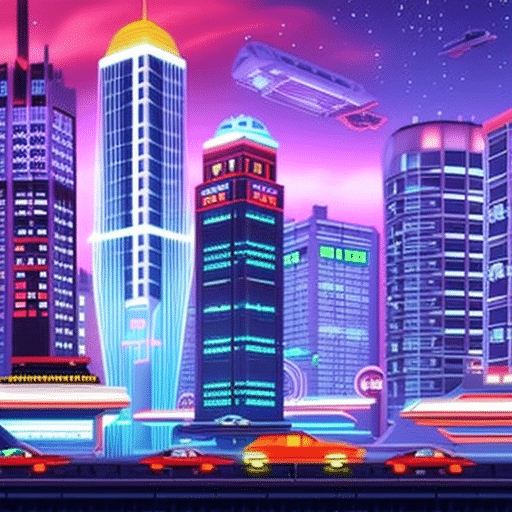 An image showcasing a futuristic cityscape at night, with towering skyscrapers adorned with neon signs displaying various memecoin logos