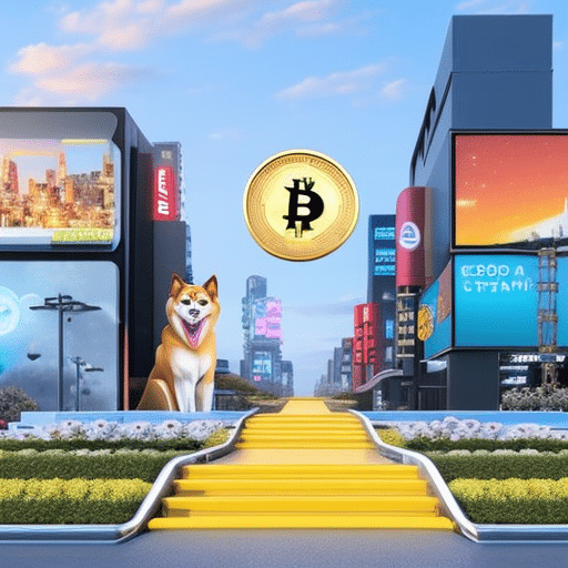 An image showcasing a vibrant digital landscape with cryptocurrency-themed billboards towering above, displaying popular memecoins of 2023 such as Shiba Inu, Dogecoin, and SafeMoon, symbolizing the ever-evolving world of memecoin updates