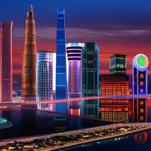 An image showcasing a vibrant, futuristic city skyline at dusk, with animated holographic billboards in the foreground displaying popular memecoins of 2023