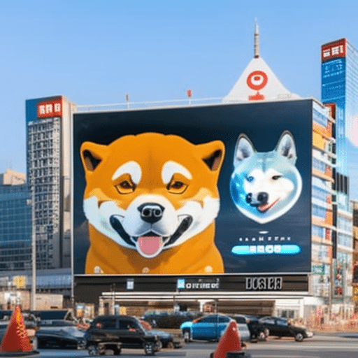 An image showcasing a futuristic digital billboard in a bustling cityscape, displaying the logos of popular memecoins such as Dogecoin and Shiba Inu, surrounded by vibrant graphs illustrating their market performance and updates