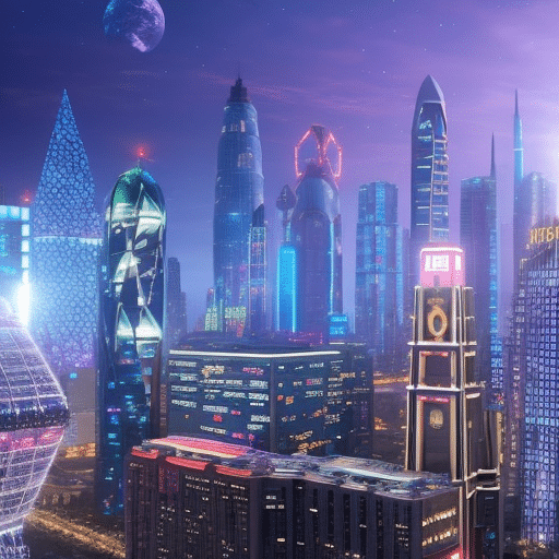 An image featuring a futuristic cityscape adorned with towering skyscrapers covered in vibrant digital billboards showcasing various cryptocurrency logos, while a network of interconnected blockchain nodes illuminates the dark night sky