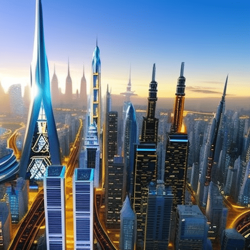 An image showcasing a vibrant, futuristic cityscape with soaring skyscrapers, bustling with activity
