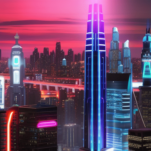 An image showcasing a futuristic cityscape illuminated by neon lights, with holographic displays of various tokens hovering above skyscrapers