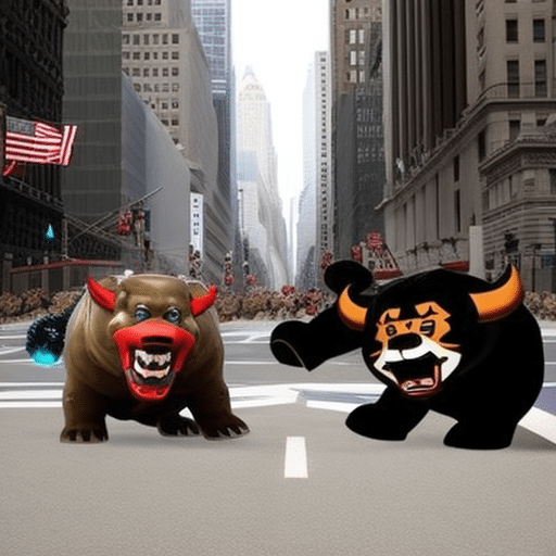 An image showcasing Wall Street Memes and Meme Kombat, depicting a digital battlefield where memes collide, with iconic Wall Street symbols like bull and bear mascots amidst a sea of hilarious, viral memes